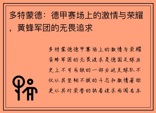多特蒙德：德甲赛场上的激情与荣耀，黄蜂军团的无畏追求